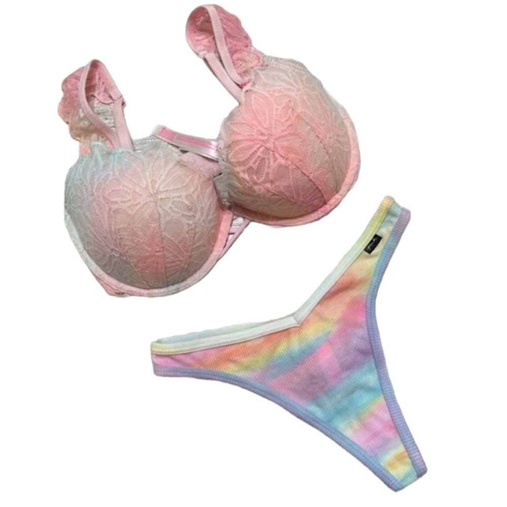 VICTORIA’S‎ SECRET PINK TIE DYE LACE PUSH-UP BRA 32DD & THONG PANTY SZ SMALL NWT